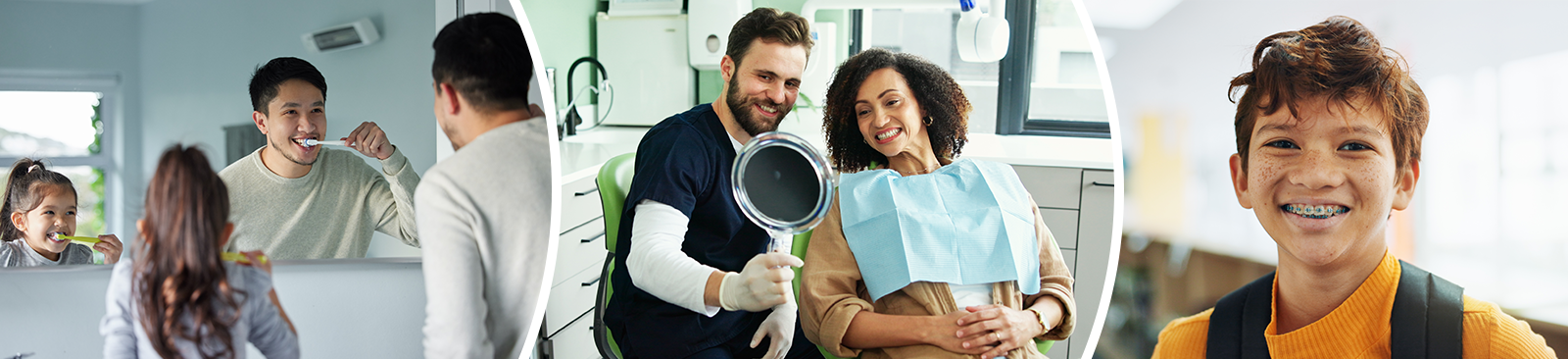 A collage of diverse individuals representing ALICE households, including a parent and child smiling at themselves in a large bathroom mirror as they brush their teeth, an adult sitting in a dentist’s chair next to the dentist as they both look into a handheld mirror, and a child standing in a classroom smiling widely at the camera to reveal a set of braces.