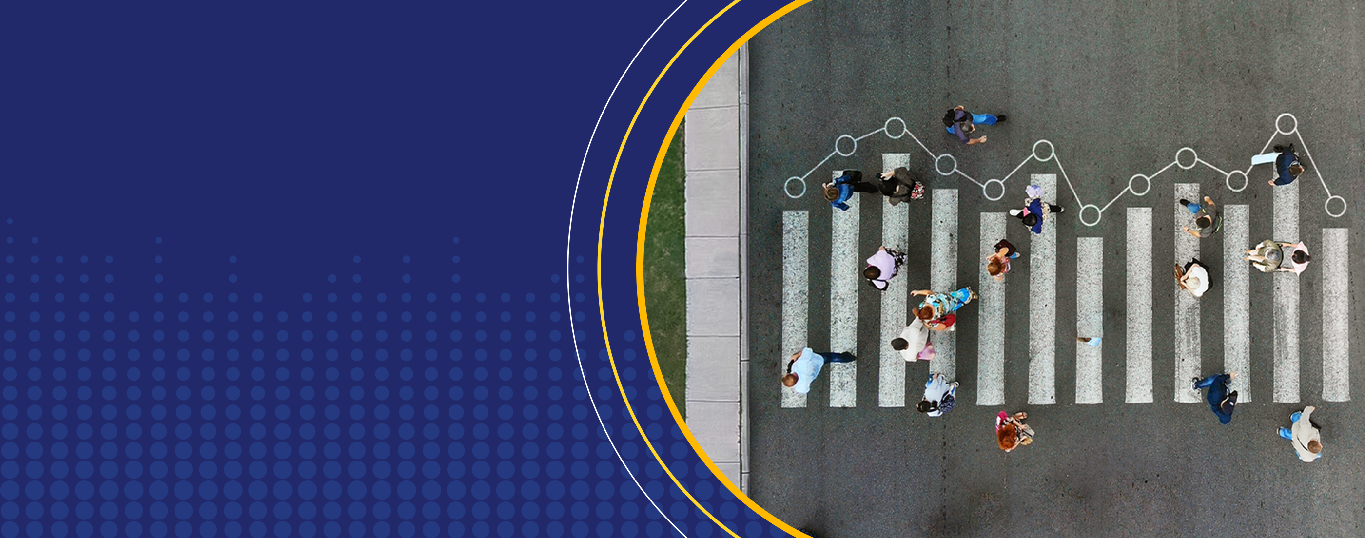 An overhead view of a small crowd crossing a street at a crosswalk, representing ALICE. Data markers connecting the crosswalk lines symbolize the latest State of ALICE research.